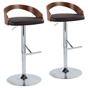 Grotto 32.25 in. Brown Faux Leather, Walnut Wood and Chrome Metal Adjustable Bar Stool (Set of 2)