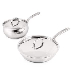 Belly Shape 4-Piece 18/10 Stainless Steel Skillet and Saucepan Set, SS Lid