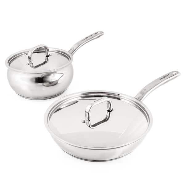 BergHOFF Belly Shape 4-Piece 18/10 Stainless Steel Skillet and Saucepan Set, SS Lid