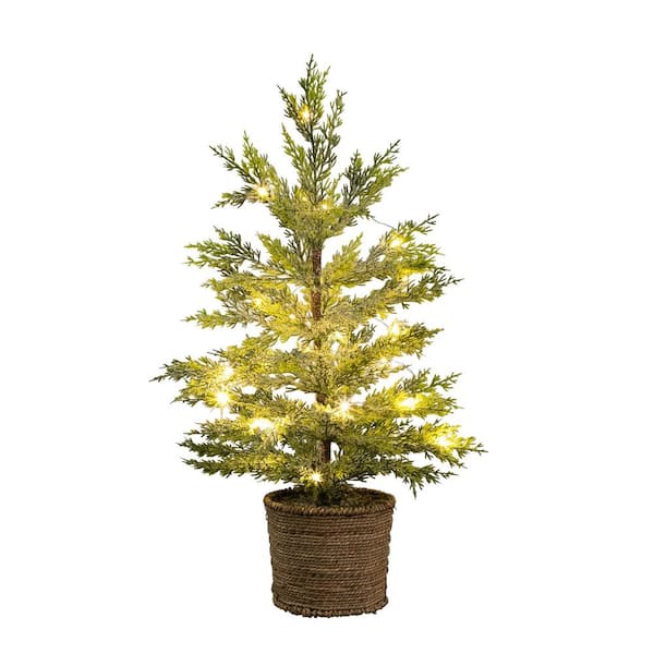 2 ft. Pre-Lit Artificial Snowed Cypress Christmas Tree with 30 LED Lights in Hyacinth Basket