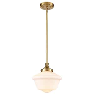 60-Watt 1-Light Gold Finished Shaded Pendant Light with Milk Glass Glass Shade and No Bulbs Included