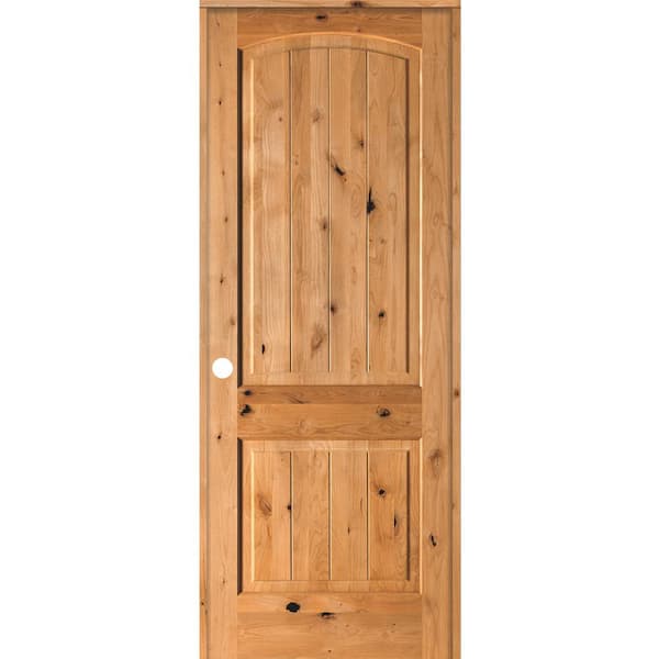 Krosswood Doors 28 in. x 96 in. Knotty Alder 2 Panel Right-Hand Arch Top V-Groove Clear Stain Solid Wood Single Prehung Interior Door