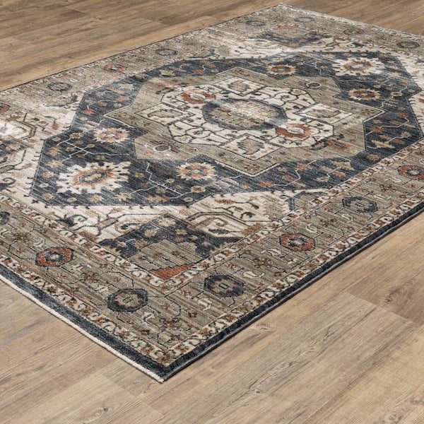 Elanor Brown/Blue 10 ft. x 13 ft. Classic Oriental Medallion Distressed Polyester Fringe-Edge Indoor Area Rug