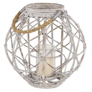 Large Round Woven Rattan White Lantern with Candle Burlap Jute Rope Handle and Glass Insert