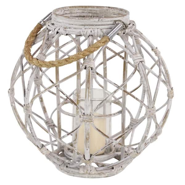 Litton Lane Large Round Woven Rattan White Lantern with Candle Burlap Jute Rope Handle and Glass Insert