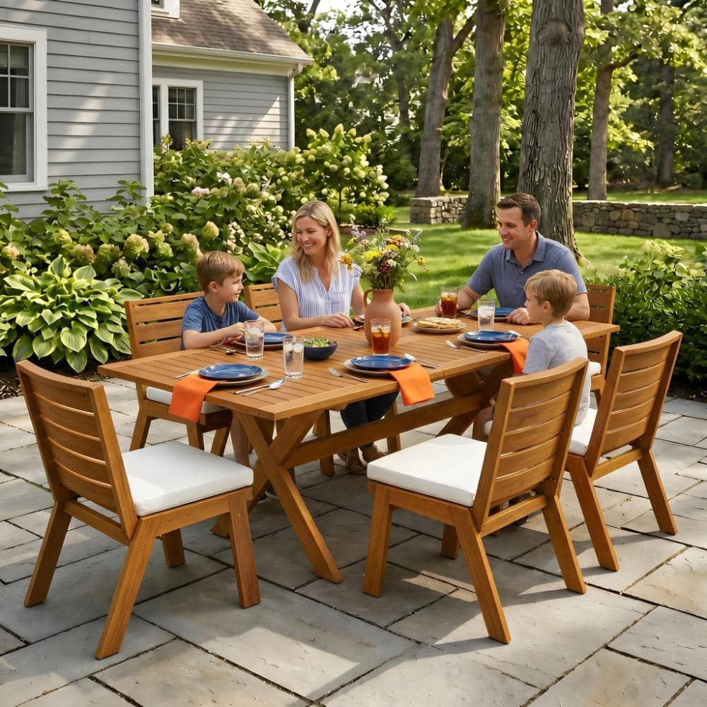 Teak 7-Piece Acacia Wood Outdoor Dining Set with Beige Cushions, 6 Chairs and 1 Large Expandable Table price history on PriceWatchPro