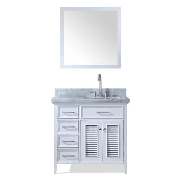 ARIEL Kensington 37 in. Bath Vanity in White with Marble Vanity Top in Carrara White with White Basin and Mirror