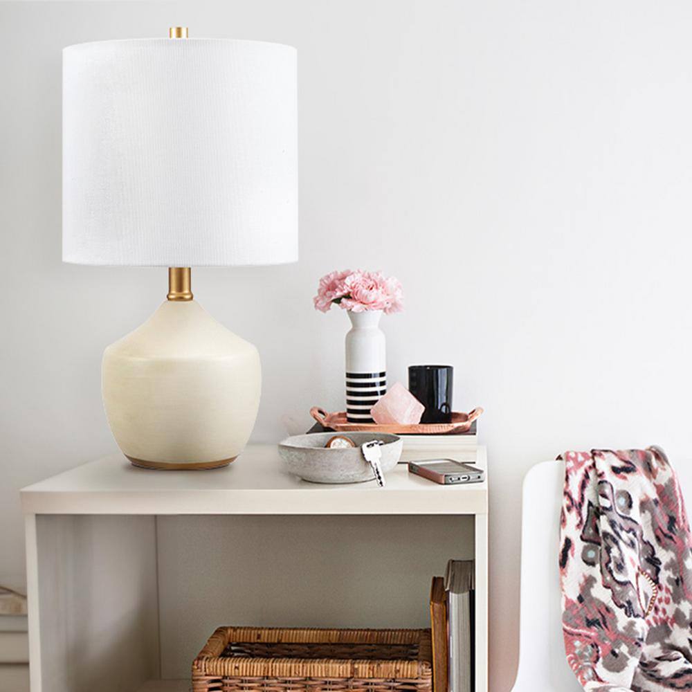 Cream Ceramic Table Lamp with White Linen Shade and Brass Accents
