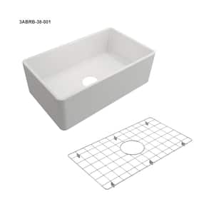30 in. Farmhouse/Apron-Front Single Bowl White Fireclay Kitchen Sink with Bottom Grid