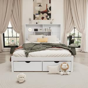 White Wood Frame Queen Size Platform Bed with Storage Headboard and Drawer