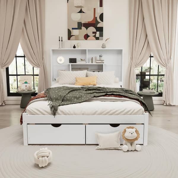 Qualler White Wood Frame Queen Size Platform Bed with Storage Headboard and Drawer