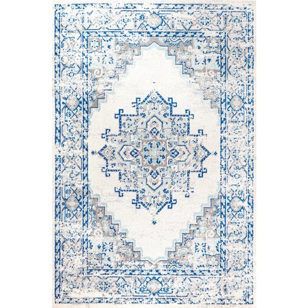 Inigo Blue and White Cottage Medallion Blue/Gray 5 ft. x 8 ft. Area Rug