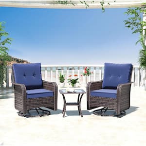 3-Piece Wicker Swivel Outdoor Rocking Chairs with Coffee Table and Cushion Navy Blue