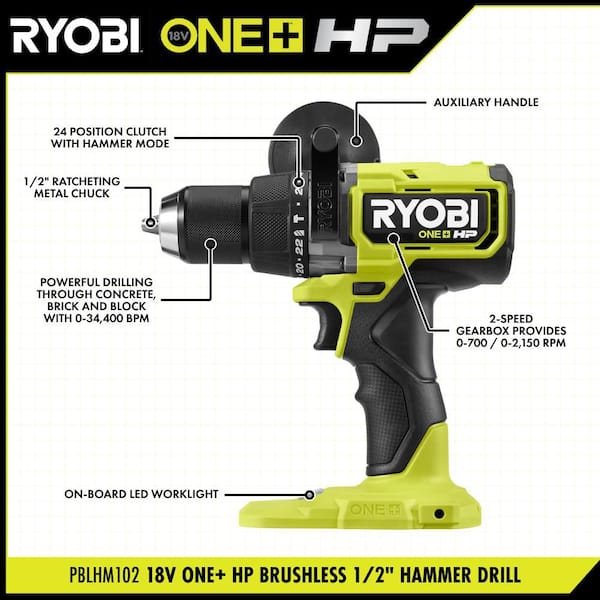 RYOBI - ONE+ HP 18V Brushless Cordless 1/2 in. Hammer Drill Kit 4.0 Ah HIGH PERFORMANCE Battery, Charger, and Bag