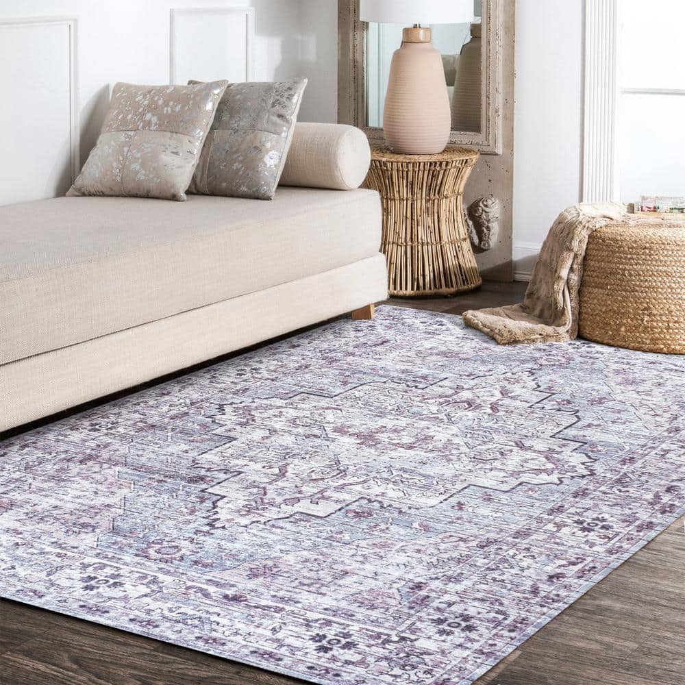 Didim Gray and Purple Medallion Washable 4' x 6' Area Rug