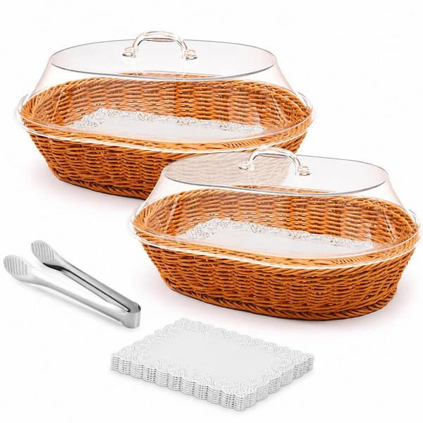 Brown Rattan Oval Woven Bread Basket with Acrylic Lids, Tongs and Doilies for Bread, Fruit, Food Display (2-Piece Set)
