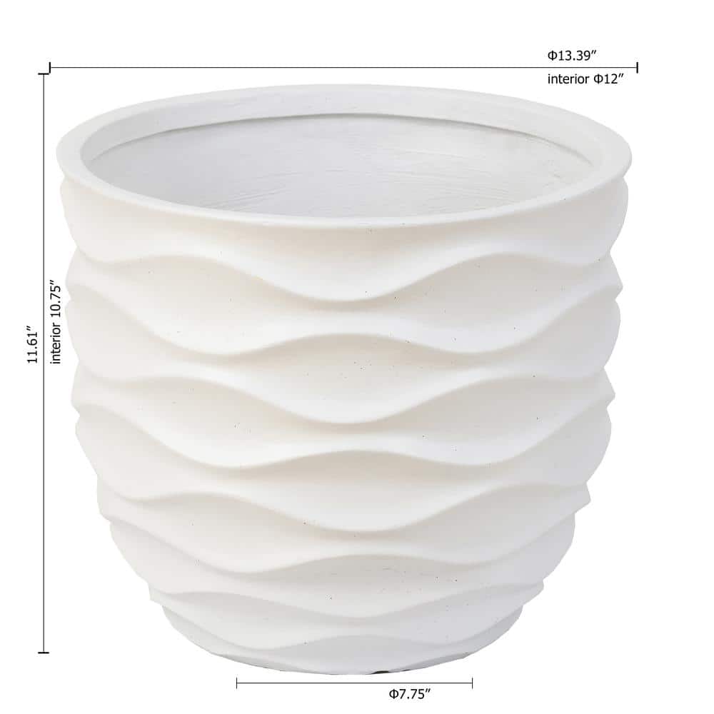 White Wavy Magnesium Oxide Round Planter, 16-Inch