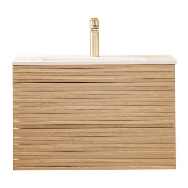 30 in. Single Sink Wall Mounted Natural Walnut Bath Vanity with White Ceramic Top Full Assembled, Soft-Close