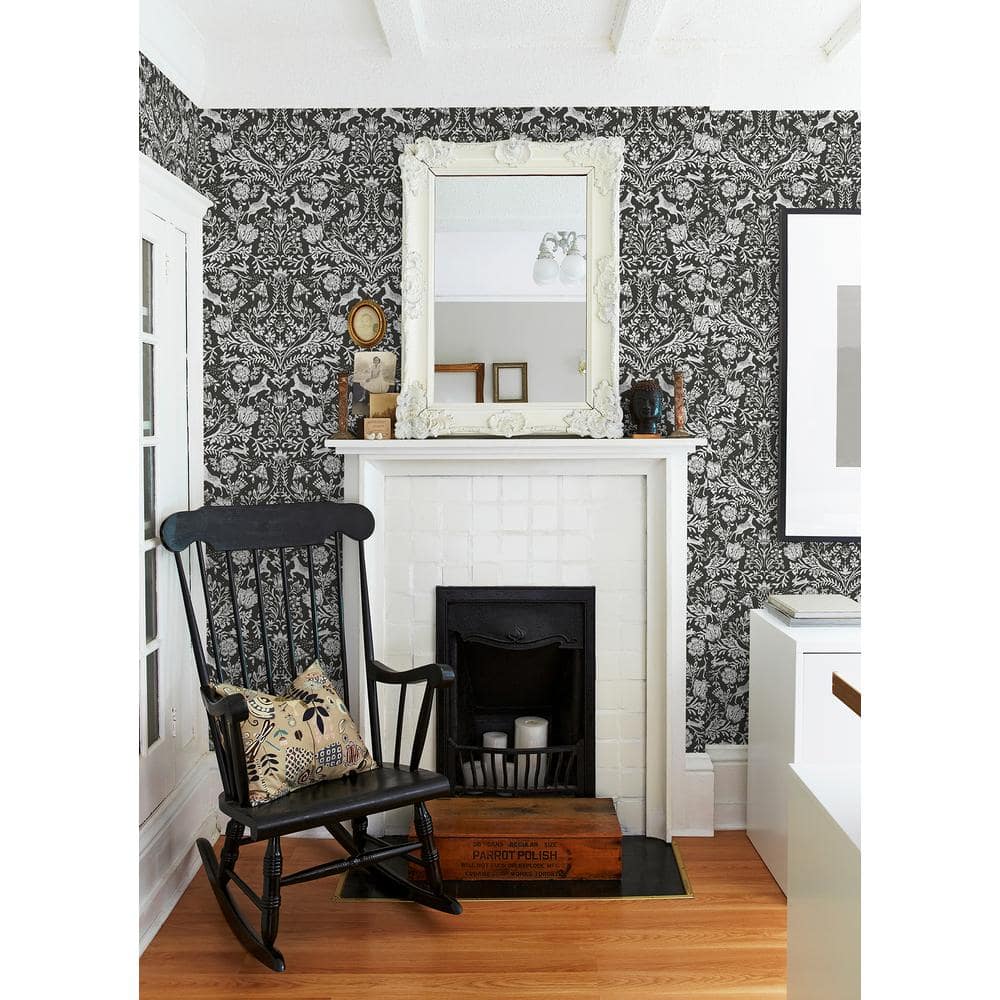 Charcoal and White Damask Forest Dance Wallpaper