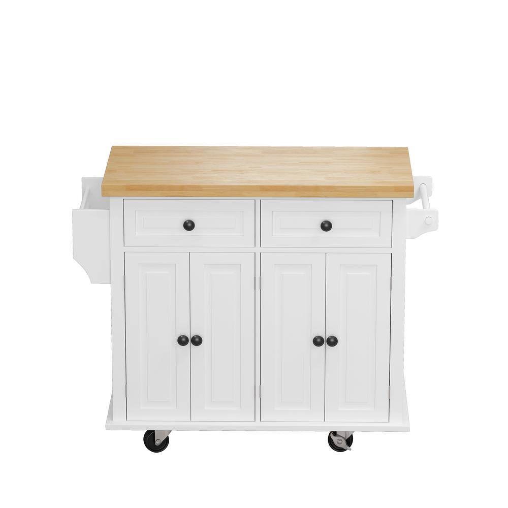 White Wood Kitchen Cart with Drawers, Spice Rack, Towel Holder, and