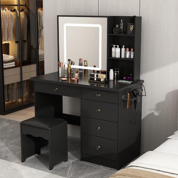 Black Makeup Vanity Set Dressing Table with Sliding LED Lighted Mirror  Power Strip and Hair Dryer Holder, Drawers, Stool