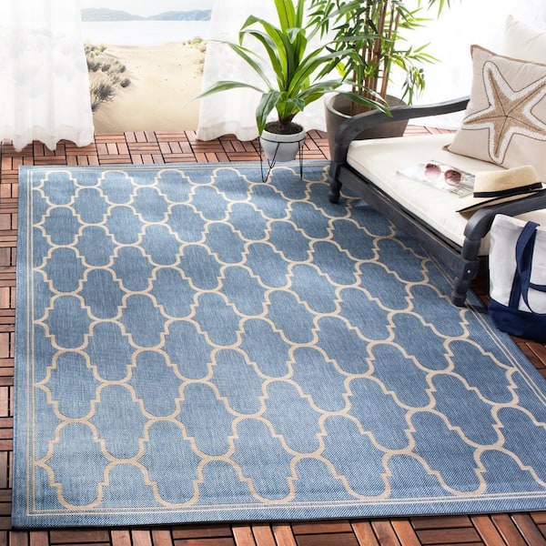 Courtyard Blue/Beige 9 ft. x 13 ft. Border Indoor/Outdoor Patio  Area Rug
