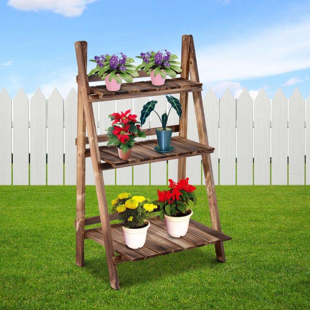 Natural Fir Wood 3-Tier Foldable Ladder Plant Stand