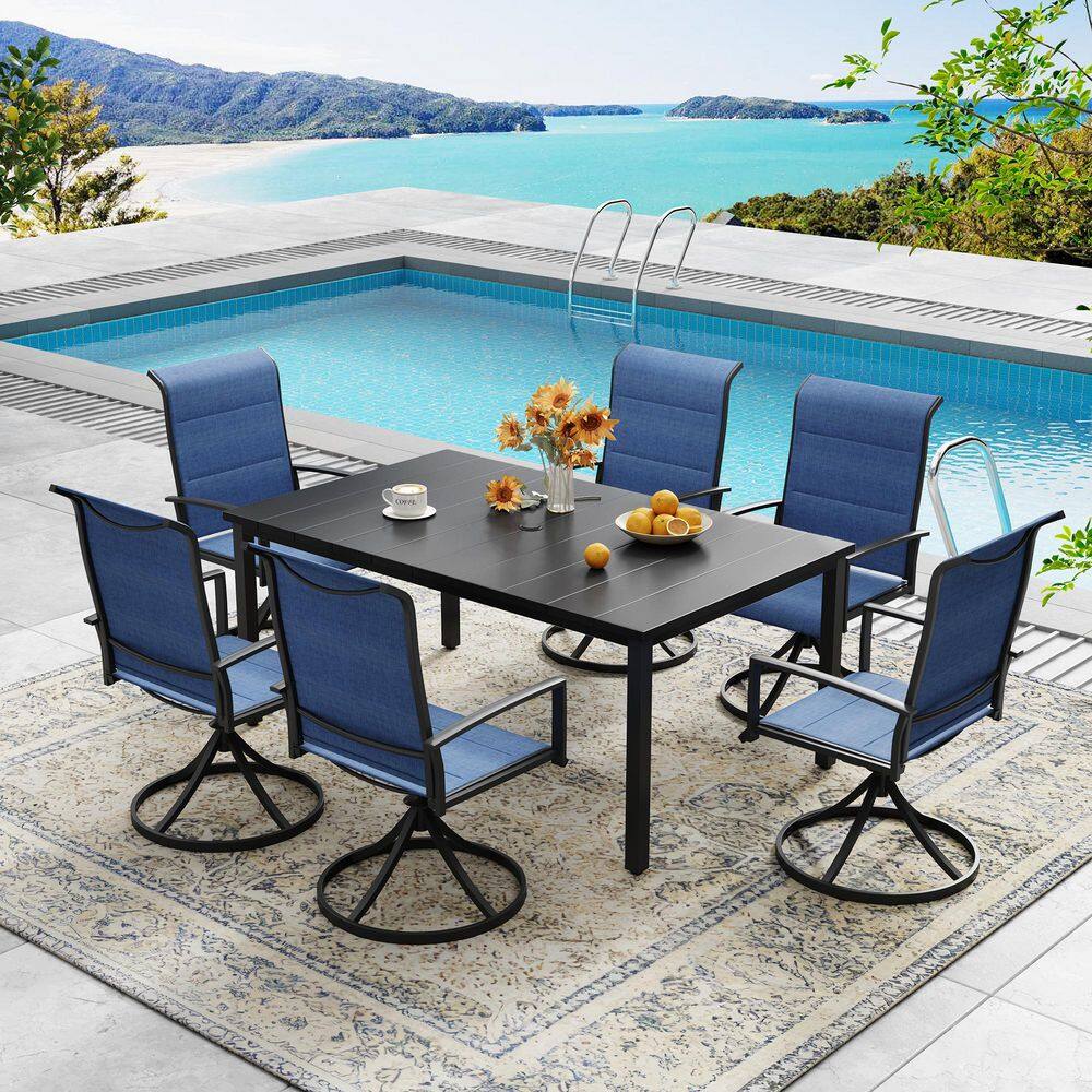 7-Piece Metal Textilene Patio Dining Set with 63 in. Black Rectangle Table and 6 Swivel Dining Chairs in Blue price history on PriceWatchPro