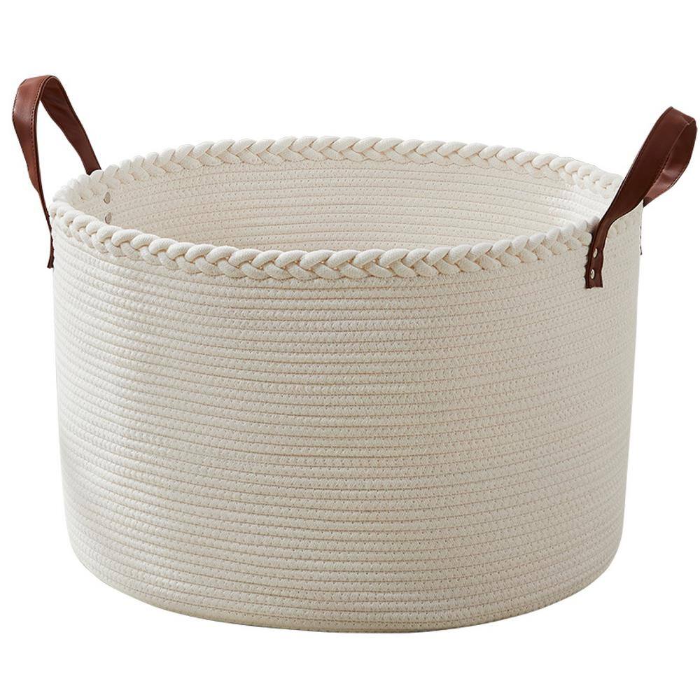 Extra Large Cream Cotton Rope Laundry Hamper with Leather Handles