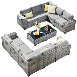 Crater Gray 12-Piece Wicker Outdoor Wide-Plus Arm Patio Conversation Sofa Seating Set with Dark Grey Cushions