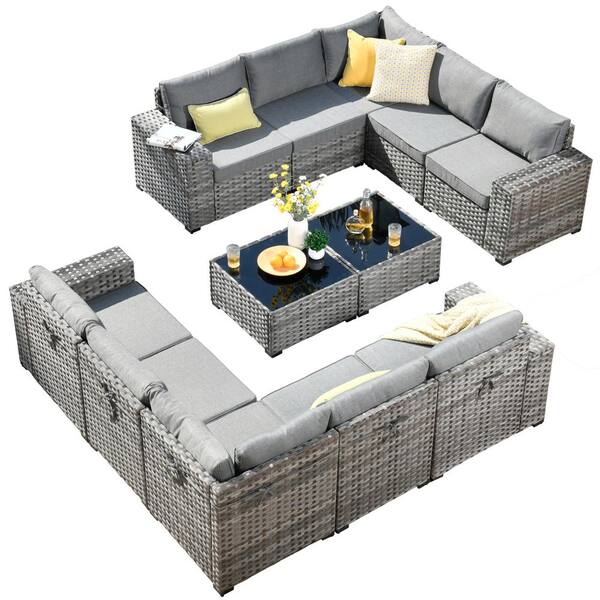 Crater Gray 12-Piece Wicker Outdoor Wide-Plus Arm Patio Conversation Sofa Seating Set with Dark Grey Cushions