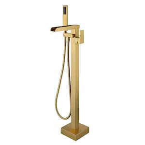 Single-Handle Floor Mount Freestanding Tub Faucet with Hand Shower, Water Supply Hose and Built-in Valve in Brushed Gold