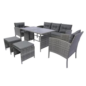 6-Piece Gray Wicker Outdoor Sectional Set Backyard Conversation Set with Dark Gray Cushions for Porch Balcony Lawn