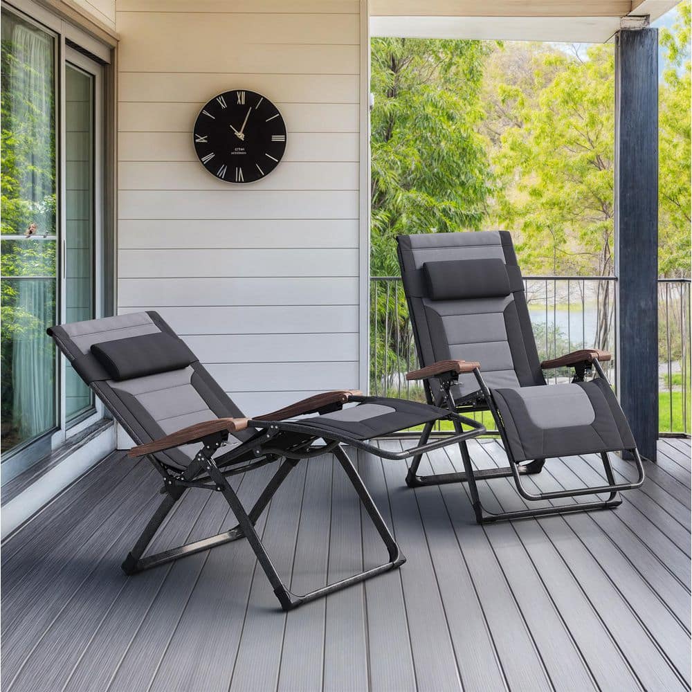 Oversized Zero Gravity 2 Piece Metal Outdoor Chaise Lounge Folding Recliner with Quilted Black and Gray Cushion price history on PriceWatchPro