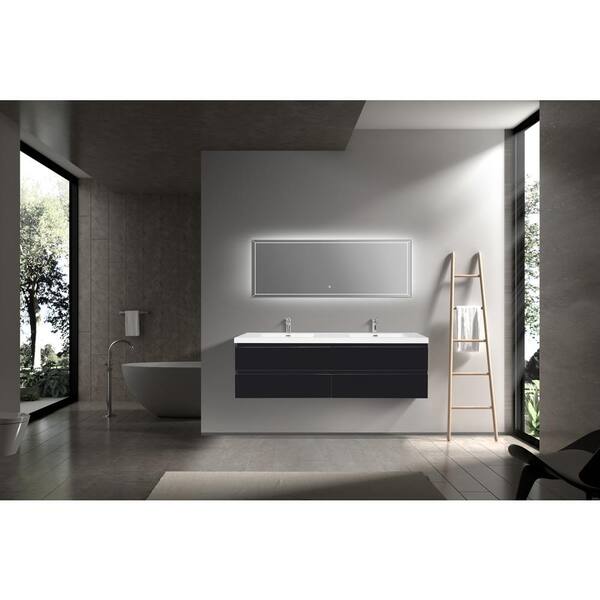 Dimakai 70.55 in. W Double Sinks Wall-Mounted Glossy Black Bath