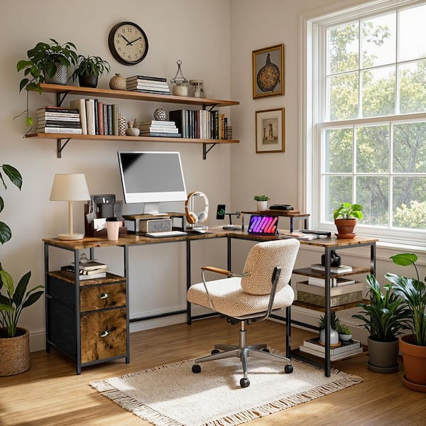 66 in. L Shaped Rustic Brown Large Corner Computer Desk with Charging Station & Adjustable Monitor Stands