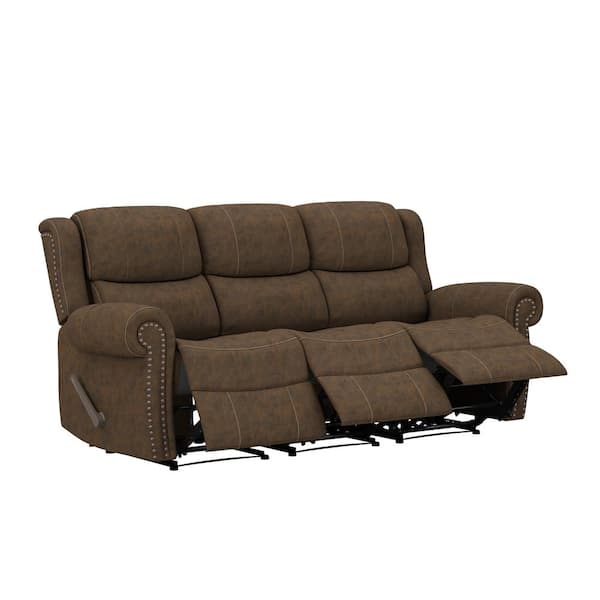 Prolounger Distressed Saddle Brown Faux, Leather Sofa With Recliners On Each End