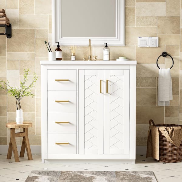 30 in. Single Sink Solid Wood Freestanding White Bath Vanity with White Ceramic Top Unassembled