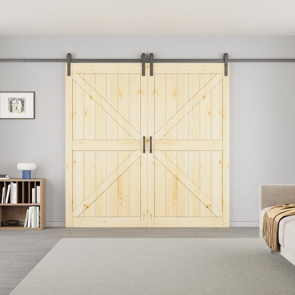 84 in. x 84 in. 2-Panel Pine Solid Wood Unfinished Double Sliding Barn Door Slab with Hardware Kit