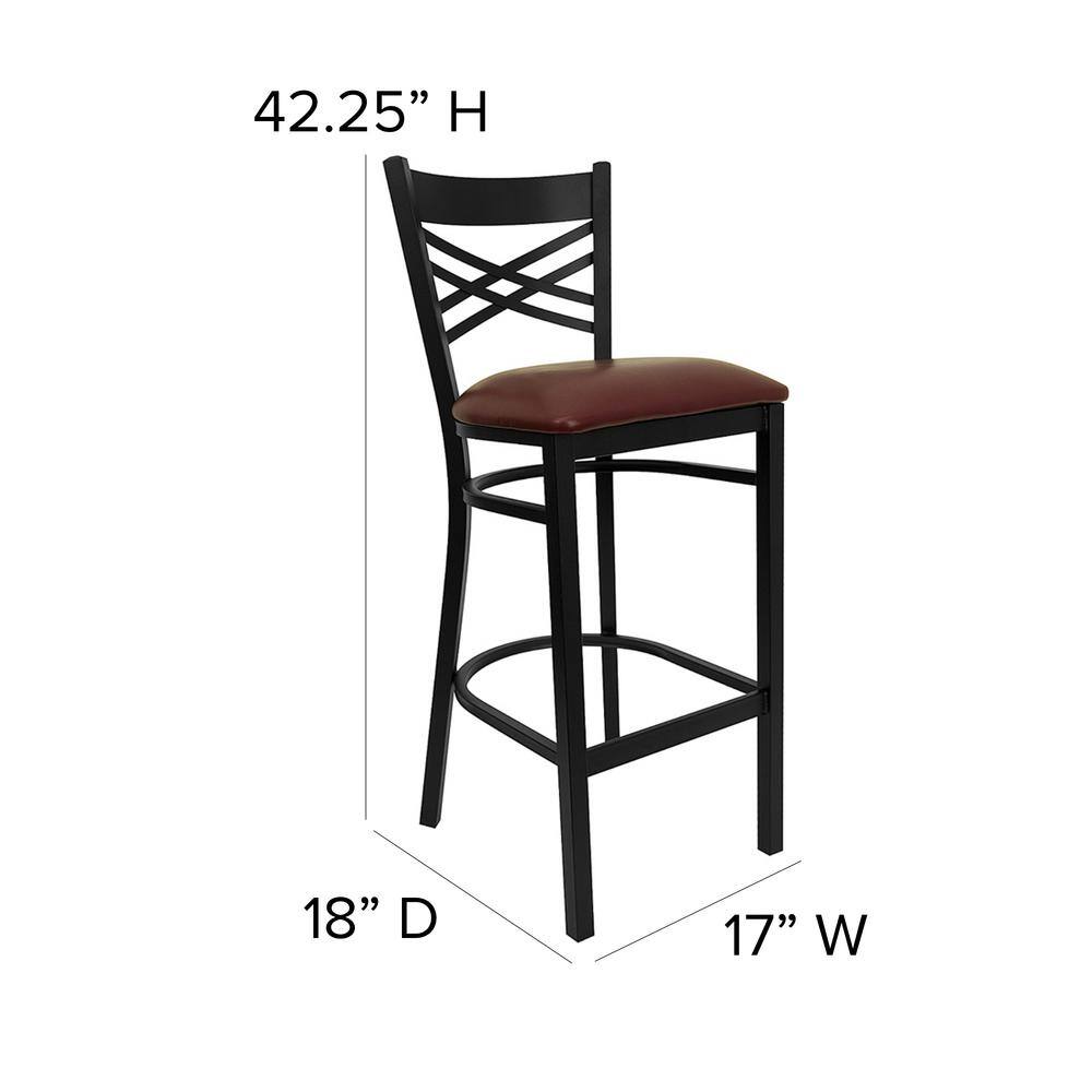 Cross-Back Black Metal Barstool with Burgundy Vinyl Seat