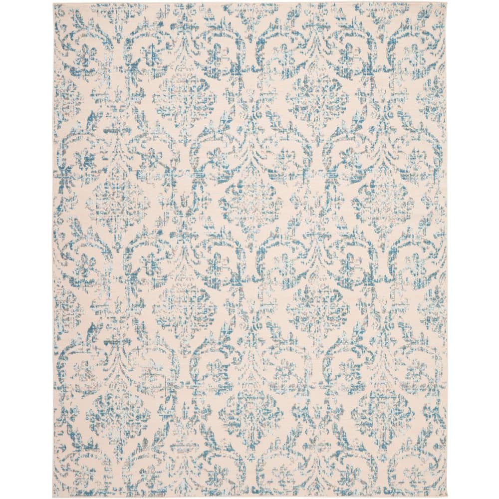 Elegant Ivory and Blue Damask 7' x 10' Synthetic Area Rug