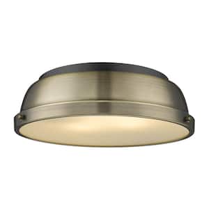 Duncan 14 in. 2-Light Matte Black Flush Mount with Aged Brass Shade