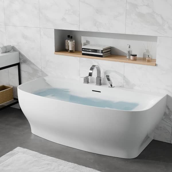 Bank Series 65 in. x 31 in. Flat Bottom Acrylic Freestanding Soaking Bathtub with Center Drain, Polished Chrome Faucet