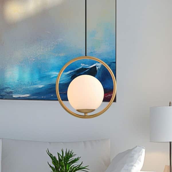 Ceder 1-Light 9.8 in. W Aged Gold Minimalist Chandelier Ring Pendant with Opal Glass for Kitchen Island