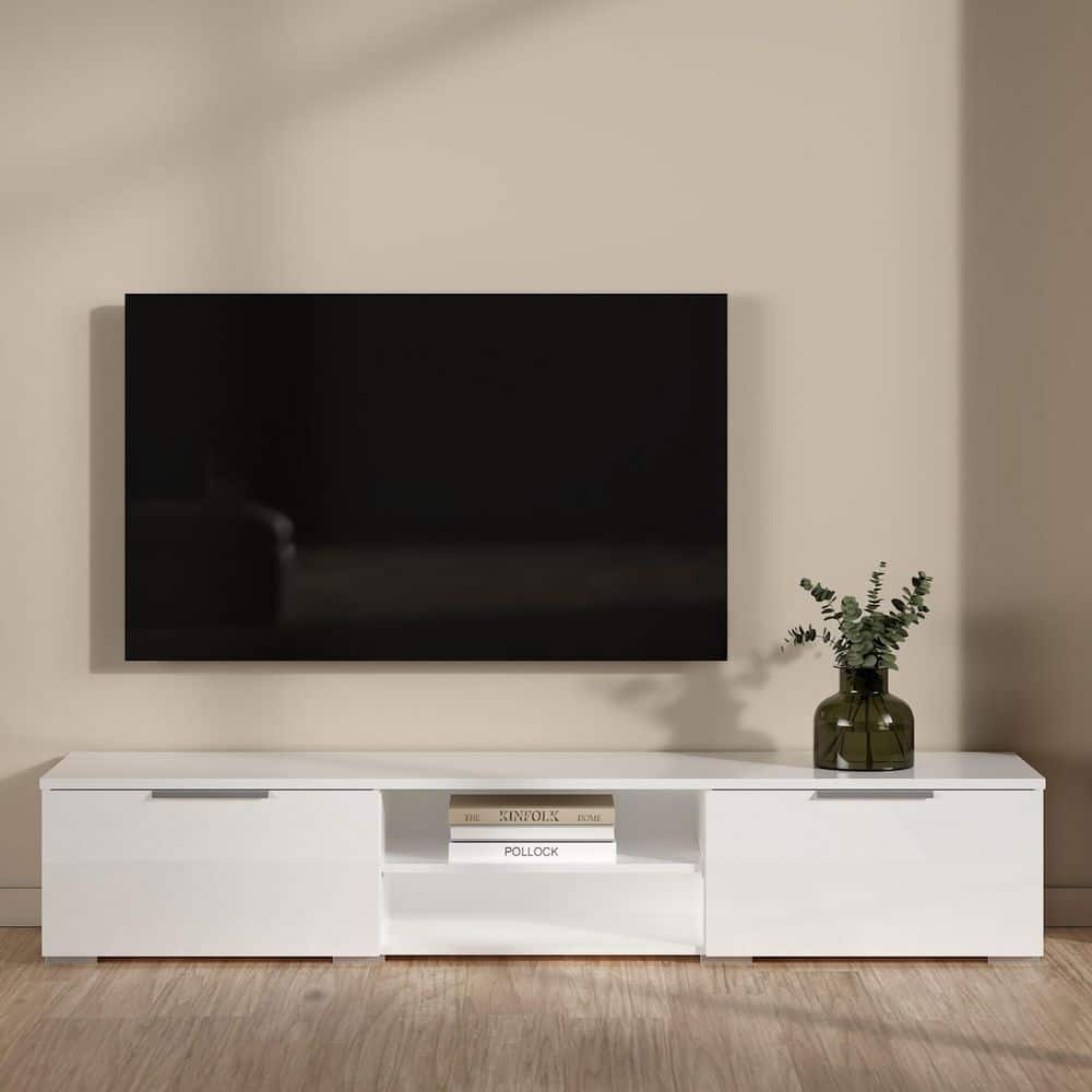 White Gloss Engineered Wood TV Stand with Cabinet and Shelves