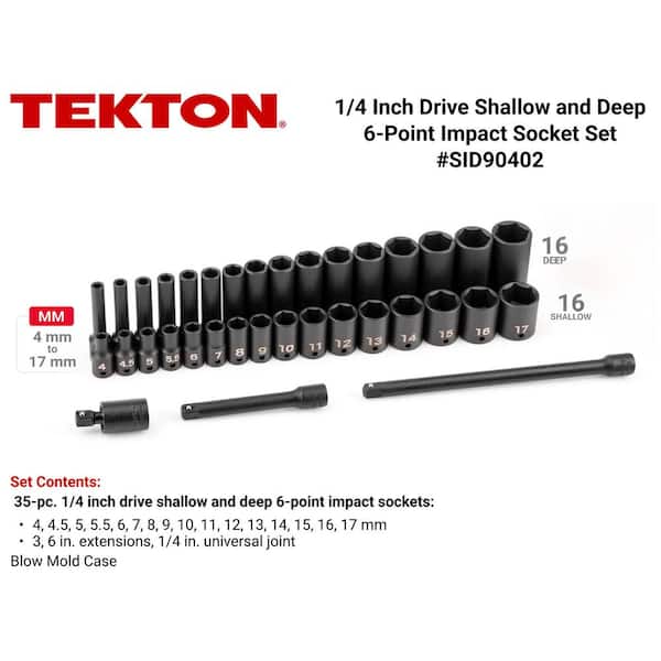 TEKTON 1/4 in. Drive 6-Point Impact Socket Set with Case, 35-Piece