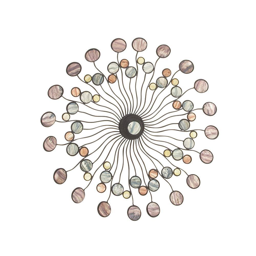 Multi-Colored Iron Sunburst Wall Sculpture with Marble Accents