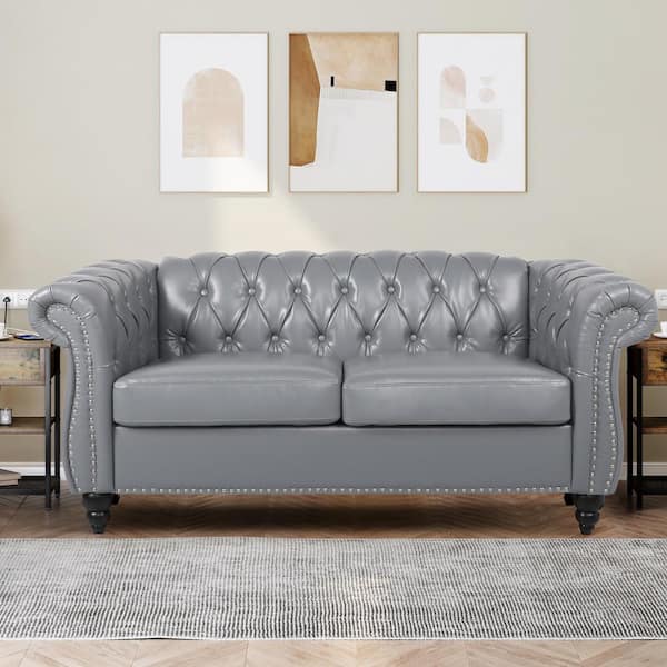 Grey 62 in. Faux Leather 2-Seater Loveseat