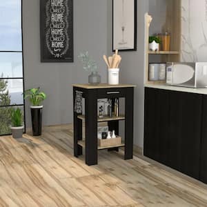 Oak Color Wood Top 25.5 in. Kitchen Island with Single Drawer and Two-Tier Shelves, Black Wengue Frame