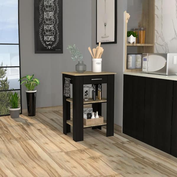 Unbranded Oak Color Wood Top 25.5 in. Kitchen Island with Single Drawer and Two-Tier Shelves, Black Wengue Frame